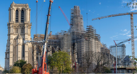Paris, France - 11 30 2023: Notre Dame de Paris. Panoramic view of the renovation site with...