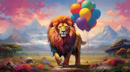A majestic lion standing tall with a mane adorned by colorful balloons on the savannah.