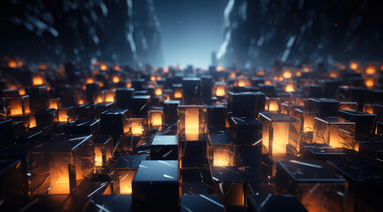 Glowing golden cubes creating a radiant and luxurious abstract pattern.