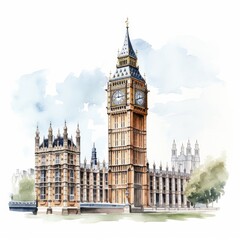 Fototapeta na wymiar Watercolor Big Ben single white background. AI generate illustration