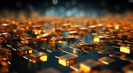 Obraz premium A vibrant web of golden and blue geometric connections on a digital plane.