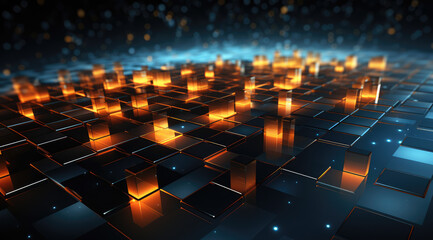 Obraz premium A vibrant web of golden and blue geometric connections on a digital plane.