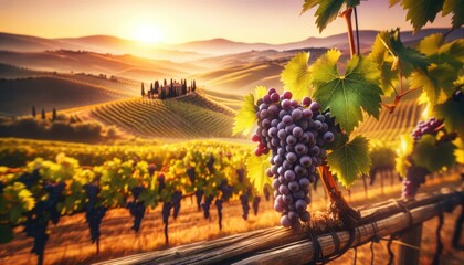 Sunset Over Tuscan Vineyard with Ripe Grapes - obrazy, fototapety, plakaty