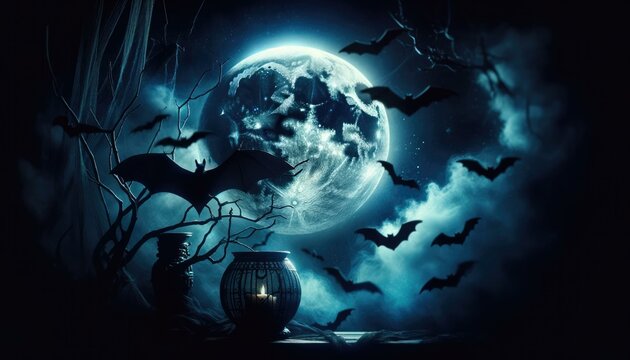 Enchanted Halloween Night with Full Moon and Bats
