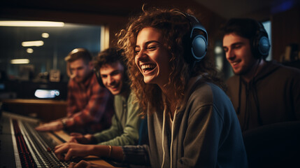 Photo of a diverse group of young adults collaborating in high-tech music studios, recording an inspiring song, smiling and enjoying the creative process - obrazy, fototapety, plakaty