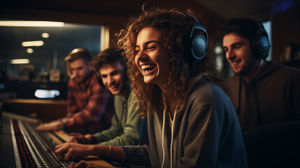 Photo of a diverse group of young adults collaborating in high-tech music studios, recording an inspiring song, smiling and enjoying the creative process