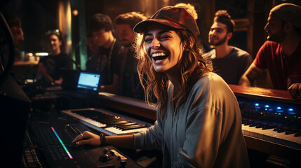 Photo of a diverse group of young adults collaborating in high-tech music studios, recording an inspiring song, smiling and enjoying the creative process