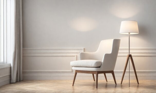 Empty wall Livingroom interior luxurious style. apartment wall mockup, wood flooring with armchair lamp.