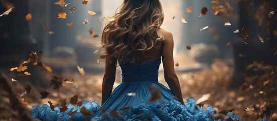 fantasy woman walking in autumn forest. an elegant blue dress fluttered in the wind. faceless - obrazy, fototapety, plakaty