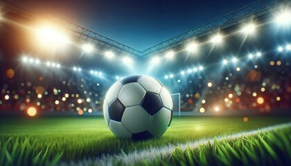Stadium Lights Illuminating Soccer Ball on Field at Night