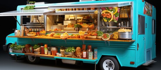 food truck selling international vegetarian cuisine, mobile kitchen in truck