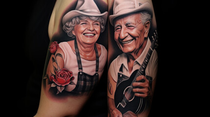 concept of valentine's day, love, old age, fidelity. hands of an elderly couple close-up. The lovers got a heart tattoo as a sign of love for each other. - obrazy, fototapety, plakaty