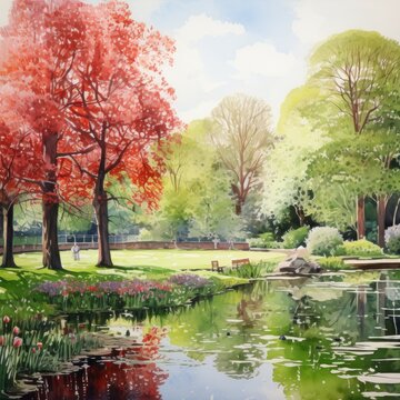 Watercolor Regents Park single white background. AI generate illustration