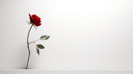 a minimalist composition with a pristine white backdrop, highlighting a single red rose in full bloom.