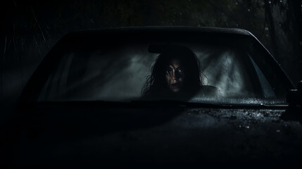 Scary horror dark picture of a woman in car lost in dark deep forest, movie still
