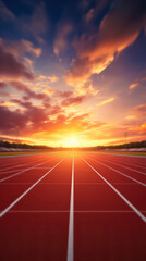 Athletics running track in the stadium at sunset. Sport and competition concept. Copy space.