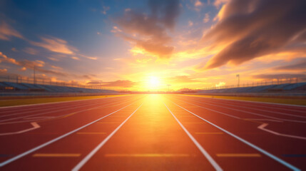 Athletics running track in the stadium at sunset. Sport and competition concept. Copy space. - obrazy, fototapety, plakaty