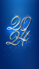 Happy new year 2024 silver numbers with on blue background. Banner for Christmas 9:16. Vector