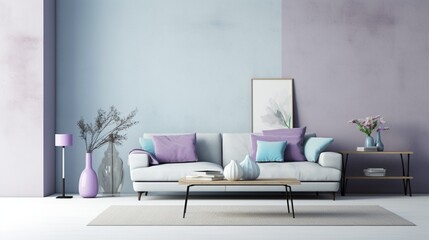 a minimalist interior with walls in varying shades of cool gray, soft lavender, and muted turquoise.