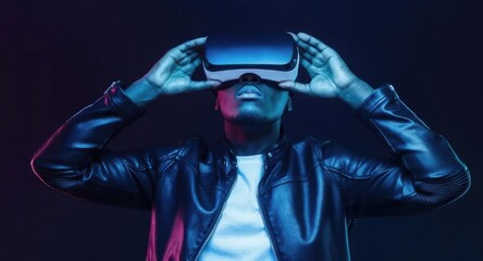 Naklejka premium Man wearing virtual reality glasses, generative ai