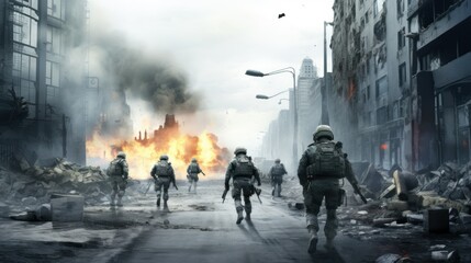 war. soldiers walk through the destroyed city after the bombing.