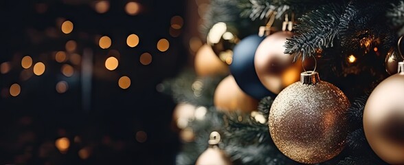 Obraz na płótnie Canvas Golden elegance. Festive christmas tree adorned with shiny ornaments sparkling lights and glittering decor. Magical xmas glow. Celebrating holiday season with shimmering trees festive ornaments