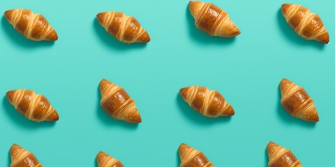 a group of croissants on a blue background - obrazy, fototapety, plakaty