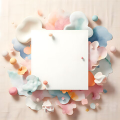 Fototapeta premium Square shape White card with blank copy space decorated with minimal decorations style on fabric pastel color background, studio light, top view, flat lay