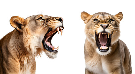 Aggressive Roaring Lioness: A Set of Portraits, Isolated on Transparent Background, PNG - obrazy, fototapety, plakaty