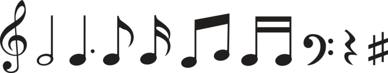 Vector set of all musical notes isolated in white background