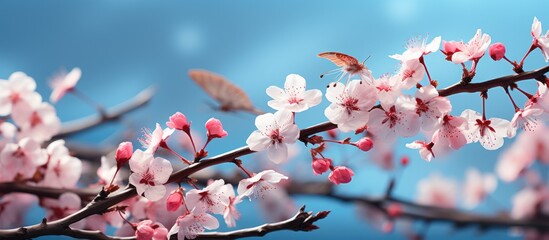 cherry blossoms in bloom. beautiful butterflies bright blue sky background. - Powered by Adobe