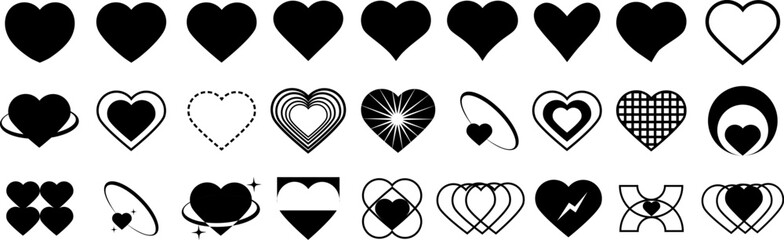 Set of heart  icons. Abstract hearts shapes. Modern simple black heart collection. Valentines day hearts icons. Set of geometric minimalist brutalism elements,bohemian ,swiss style. Love concept. - obrazy, fototapety, plakaty