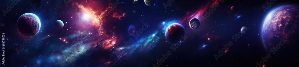 Poster planets on the background of deep space with nebulae and stars
