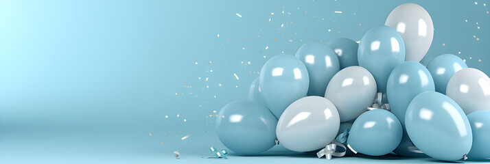 Blue background with pastel balloons and confetti