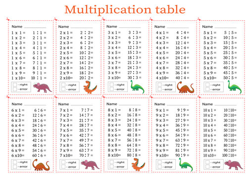 Multiplication table by with a task to consolidate your knowledge of multiplication. Colorful cartoon multiplication table vector for teaching math. Cartoon dinosaurs. EPS10