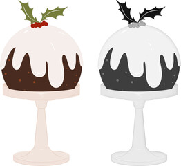 Christmas Pudding on cake stand illustrations. One Colour, One Black White/grey. Topped with sprig of holly and berries. Christmas dinner table decor. Xmas holiday food.