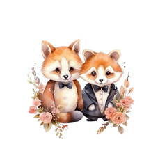 Love in Bloom: Red Pandas and Watercolor Petals Cute Couple Red Panda flower