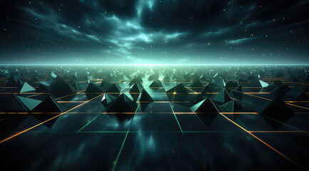 Dark geometric shapes with glowing prats resembling an alien looking abstract floor.