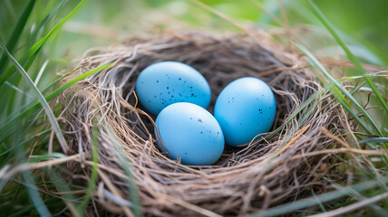 A nest of dry hay with Easter blue eggs, lying in the green grass. Natural Easter decoration.