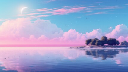 a tranquil lakeside scene with the sky blending from soft pastel pink to cerulean blue and hints of lavender.