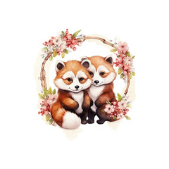 Fototapeta na wymiar Love in Bloom: Red Pandas and Watercolor Petals Cute Couple Red Panda flower