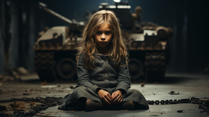 Little girl sitting on the ground and looking at the camera. The concept of World War 