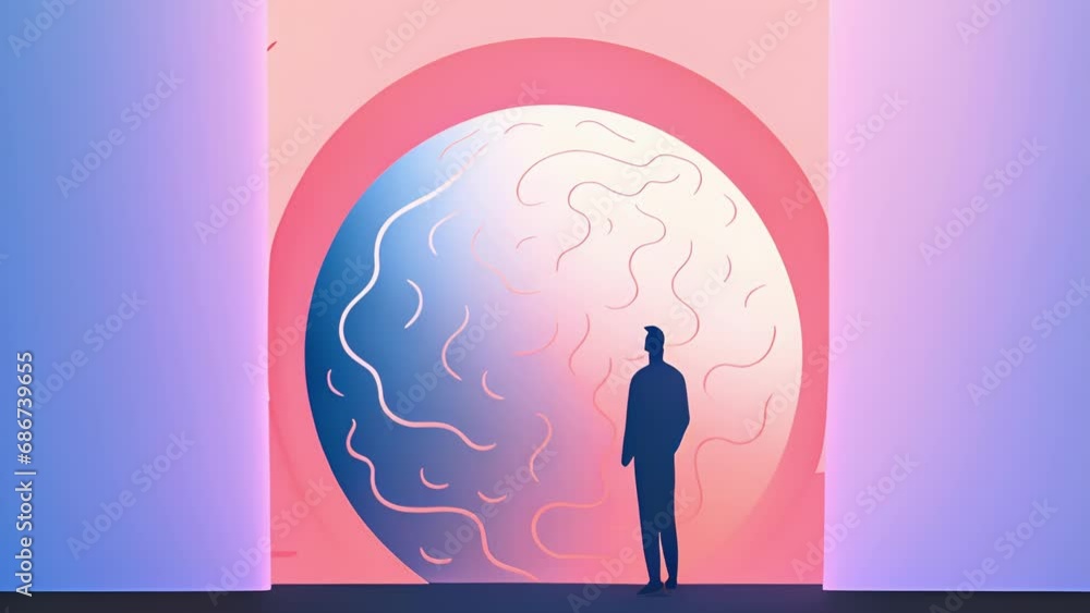 Poster a person stands looking confidently forward in front of a gigantic open brain symbolizing the power 