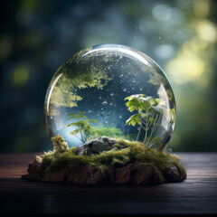 A glass sphere surrounded by lush forest foliage, representing awareness of nature, the environment, sustainability, and acknowledging climate change. In concept of Earth hour.