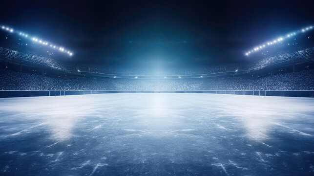 Empty Winter Background And Empty Ice Rink With Lights