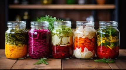 Fermented vegetables in glass jars on a wooden background.