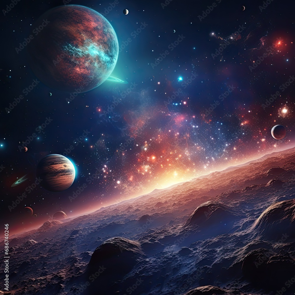 Poster planets on the background of deep space with nebulae and stars