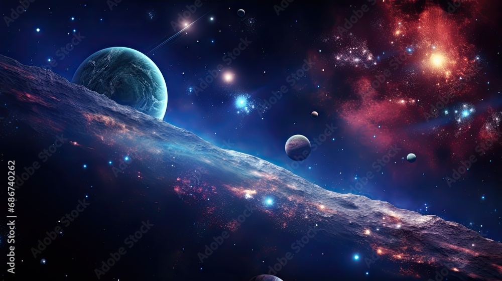 Poster planets on the background of deep space with nebulae and stars