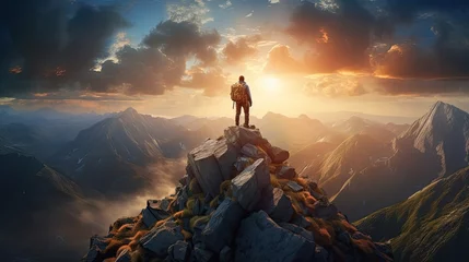 Tuinposter Magical Fantasy Adventure Composite of Man Hiking on top of a rocky mountain peak © FryArt Studio