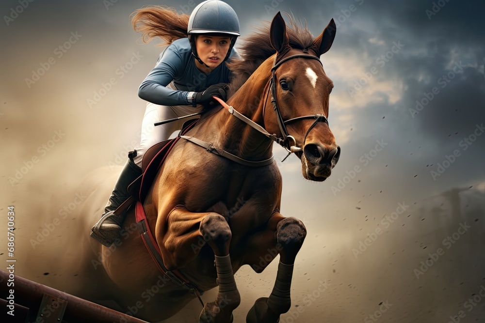 Wall mural young female jockey on horse leaping over hurdle